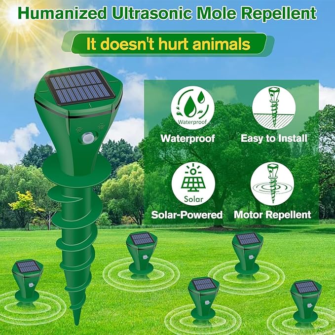 Mole Repellent Solar Powered, 4 Pack Ultrasonic Gopher Repeller IP65 Waterproof for Lawn Garden Yard, Sonic Vole Repellent Mole Killer Outdoor Get Rid of Snake Groundhog Chipmunk Squirrels, Green