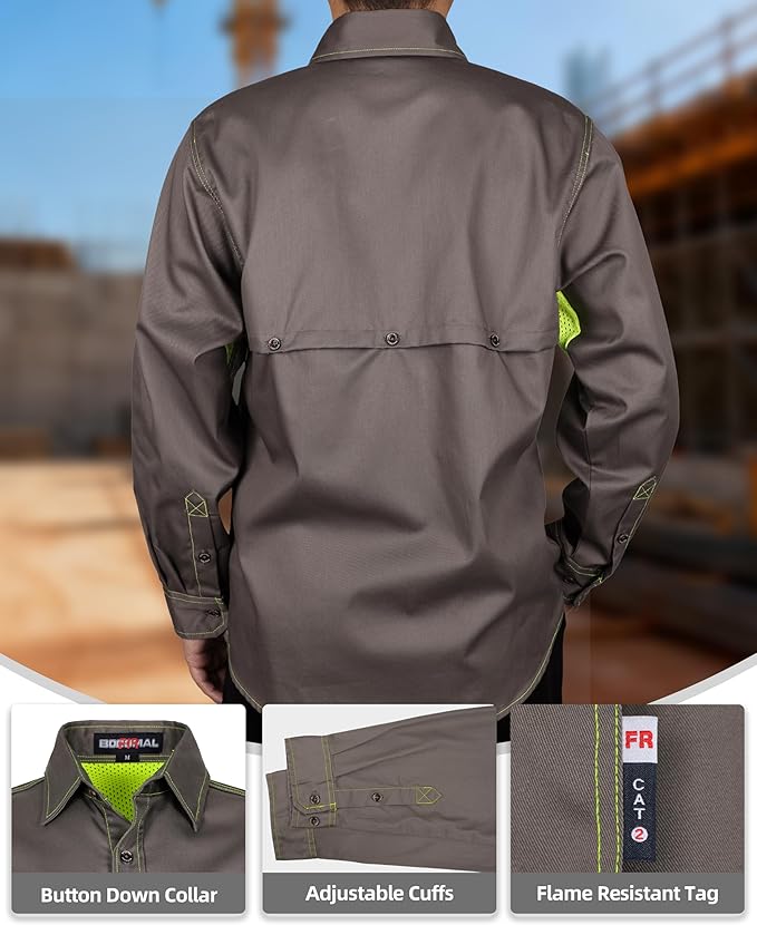 BOCOMAL FR Shirt for Summer Lightweight Vented Mesh Back and Underarm Breathable Flame Resistant Welding Button Down Shirts
