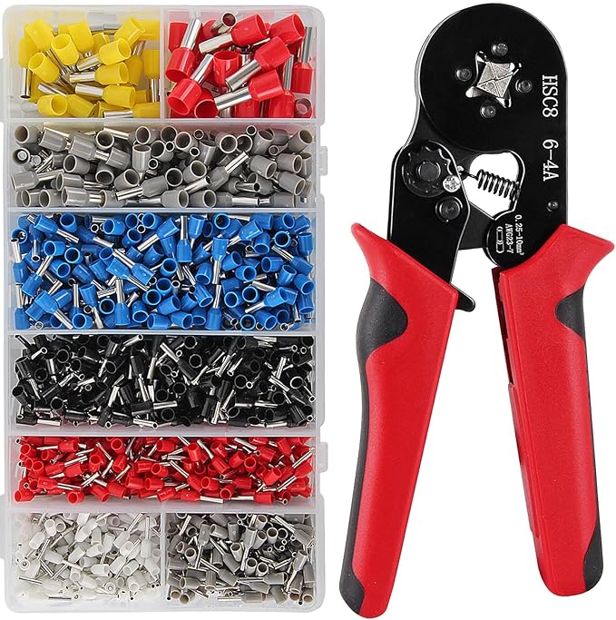 Ferrule Crimping Tool Kit, Crimper Plier with 1250PCS Wire Ferrules Kit Wire End Terminals, Self-adjustable Ratchet Tool Set for AWG 23-7 Cable connectors, 0.25-10mm² (HSC8 6-4A + 1250)