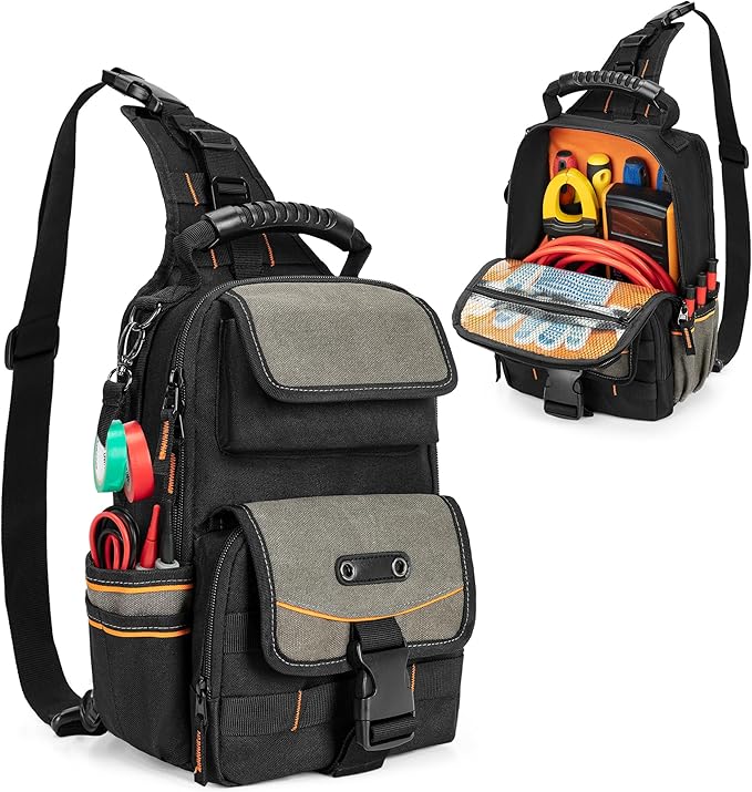 Electrician Tool Pouch Bag, Zippered HVAC Tool Organizer with Ergonomic Handle and Shoulder Strap for Maintenance Repair Technicians, Black