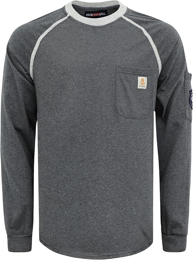 BOCOMAL FR Shirts for Men Crew Neck Long Sleeve 5.5oz Light Weight Flame Resistant/Fire Retardant Clothing Shirt