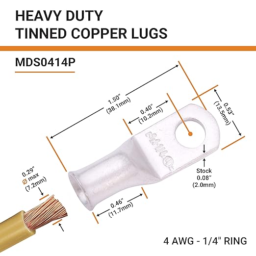 SELTERM 2pcs 4 AWG 1/4" Stud Tinned Copper Wire Lugs, Battery Lugs, Ring Terminals, Battery Cable Ends, 4 Guage Ring Terminal Connectors, UL Marine Grade Electrical Battery Terminal Connectors