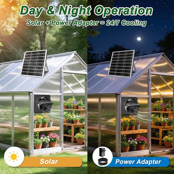 Solar Exhaust Fan – Compact for Small Spaces, Brushless Quiet 6" Ventilation Vent Fan, 25W Solar Panel with Bracket, Anti-Backflow Valve; for Chicken Coops, Pet Houses, Sheds, Greenhouses (Black)