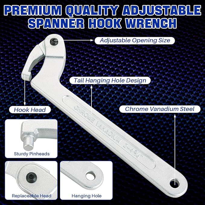 DASBET 8pcs Adjustable Pin Spanner Wrench Tool Set, C-Shape Pin Hook Wrenches with Changeable Head for Pipes Heating Cars, Spanner Nut Wrench for Suspension System, 3/4" to 6-1/10"