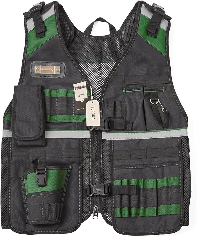 Electrician Tool Vest for Men, Reflective Safety Work Vest with Adjustable Thick Straps, Removable Phone Holder for Electrical, Carpenters, Construction, 22 Pockets.Green