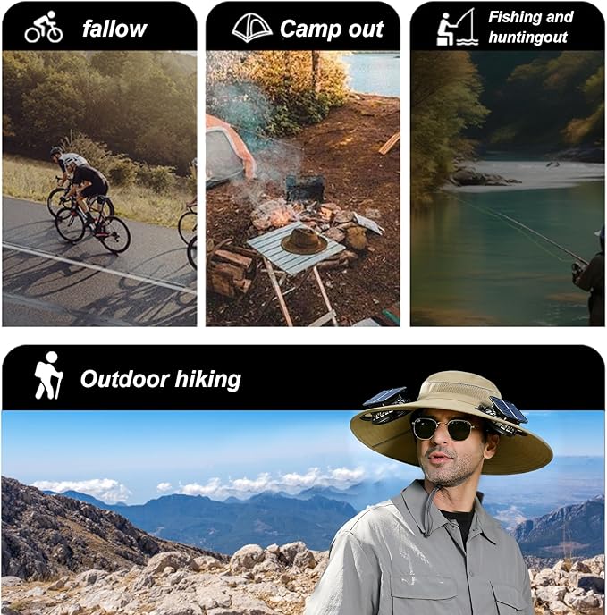 Fishing Hats with Sunglasses, Wide Brim Sun Hat with 2 Solar Fan, USB & Solar Powered Fishing Hats, Solar Fan Hats UPF 50+