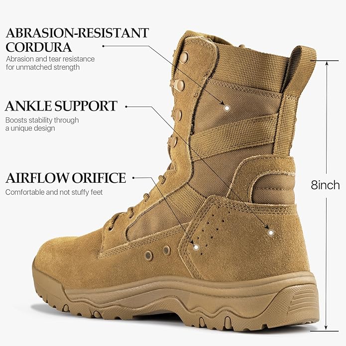 FREE SOLDIER Men's Work Tactical Boots 8 Inches Lightweight Combat Boots Durable Suede Leather Military Boot Desert Boot