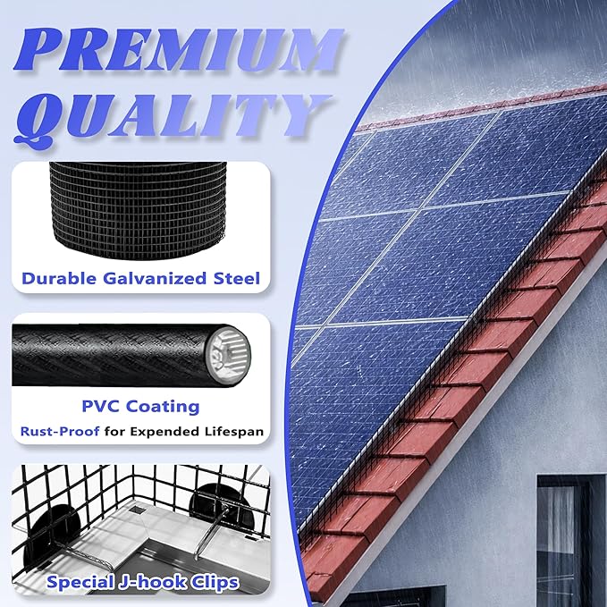 PROLEE 8 Inch X 100FT Solar Panel Bird/Critter Guard Anti-Rust with 100 Fastener Clips Rooftop Solar Panel Bird Wire Screen, Removable Without Damage