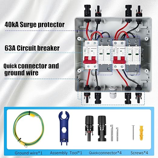 2 String 500V PV Combiner Box 2 in 2 Out, Dual String 63A DC Circuit Breaker with Solar Disconnect Function, Surge Protection, IP65 Weather-Resistant Enclosure