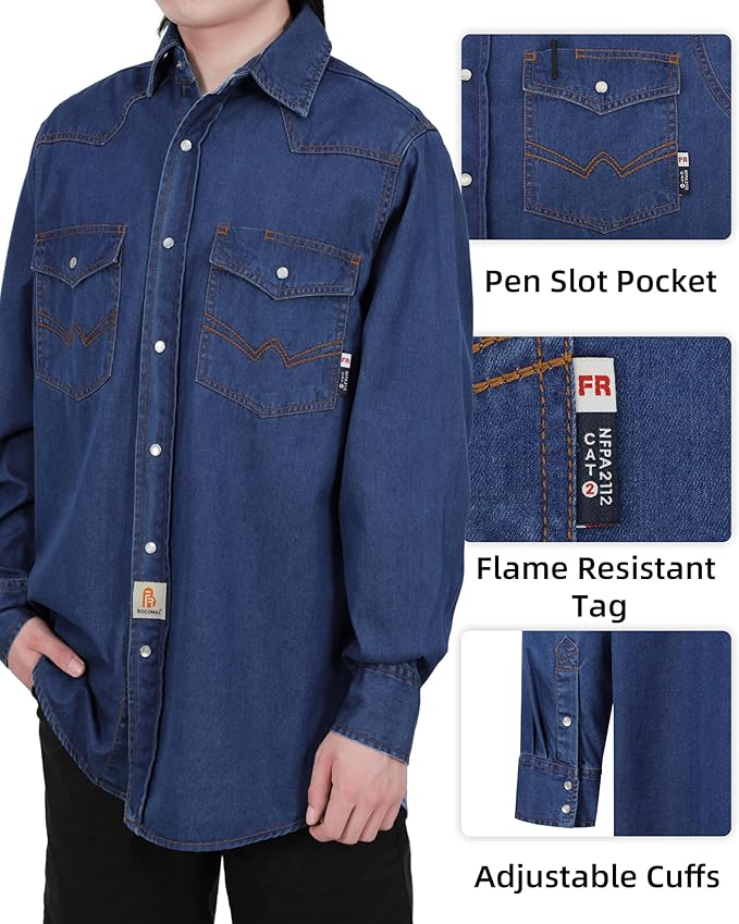 BOCOMAL FR Shirts 6.25oz Lightweight Welding Shirts Flame Resistant Men's Fire Retardant Shirt