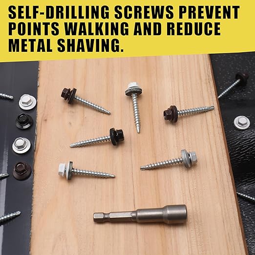 250pcs #10 x 1-1/2" White Hex Head Self-Drilling Metal Roofing Screws, EPDM Washer, Colored Head, Sheet Metal Roof Screw with Hex Driver Bit