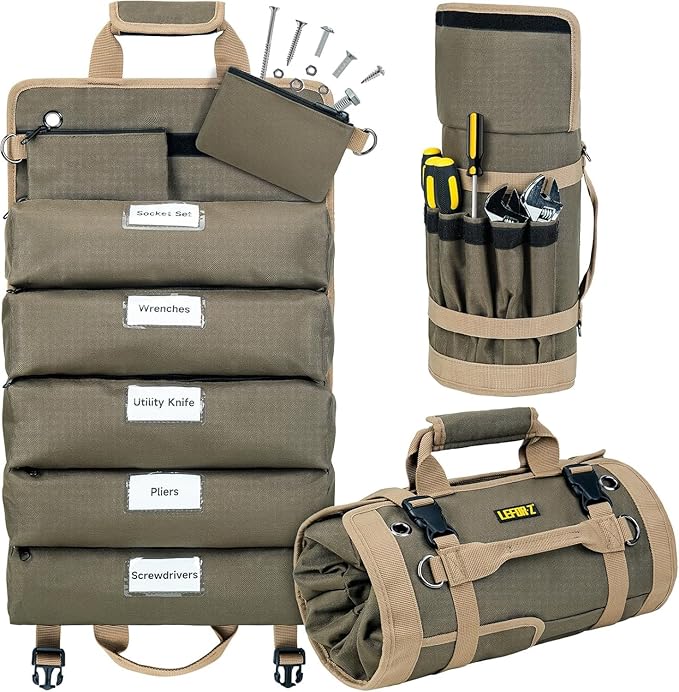 Tool Bag,Large Roll Up Tool Bag Organizer,13 Pockets Tool Roll Storage Pouch,Heavy Duty Portable Tool Storage Carrier Bag for Men,Mechanic,Electrician,Valentines Day Gifts for Men,Olive Green