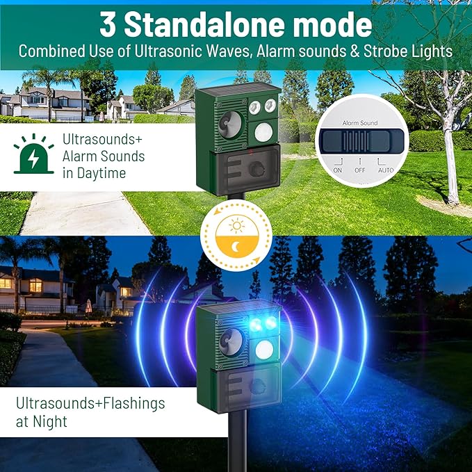 2 Packs 2026 Upgraded Ultrasonic Animal Repeller for Outdoor Yard, Solar Powered Deer Repellent Devices with Motion Sensor & Flashing Light Waterproof Cat Deterrent for Rabbits, Raccoons, Squirrels