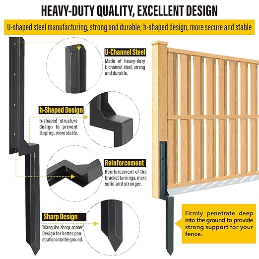 Heavy Duty Steel Fence Post Repair Stakes, Fence Post Anchor Ground Spike, for Repair Tilted/Broken Wood (8 Pack/Black