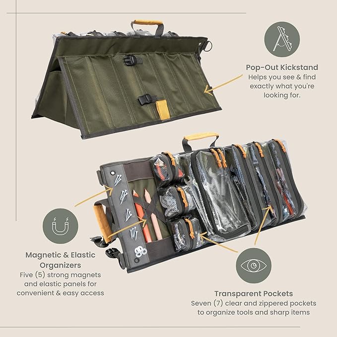 Heavy Duty Roll Up Tool Bag Organizer w/Kickstand for Upright Visibility & Easy Access, 7 Pockets w/Zippers, Multiple Carrying & Hanging Handles, Magnetic & Elastic Organizers, Adjustable Strap