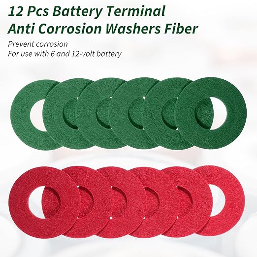 12 pcs Battery Terminal Anti Corrosion Washers, Fiber Protectors Anti Corrosion Washers, Fiber Battery Top & Side Terminal Protector (Red, Black)