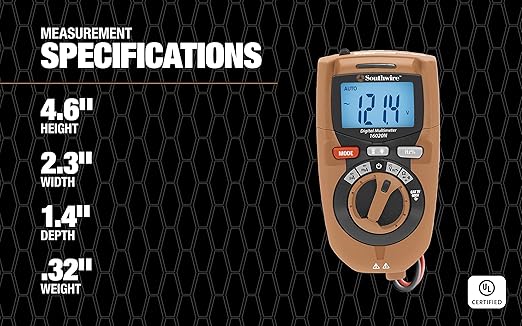 Southwire Multimeter Compact 3-in-1 - Built-In Voltage Detector & Flashlight - 10 Functions, Auto-Reset Fuse - CAT IV 600V - UL Listed