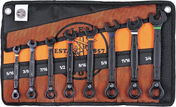 KLEIN TOOLS 69408G Ratcheting Combination Wrench Set, SAE, 8-Piece, 5/16 to 3/4-Inch, Steel Alloy, Foam Pouch, 90-Tooth