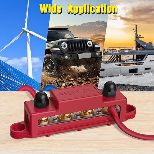 MOFEEZ Power Distribution Block Bus Bar, 4 x 3/8" Posts, 6 x #8 Screws Terminals, Max 48V 250A (Pair, Red & Black)