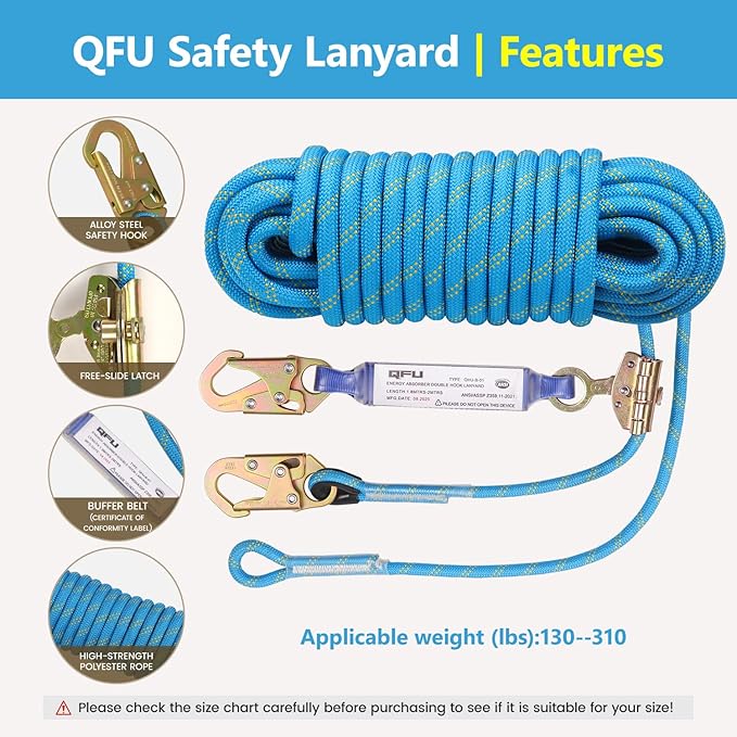 Heavy Duty Fall Protection Rope for roof & tree climbing. Includes safety harness, alloy steel clips, shock-absorbing lanyard