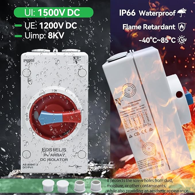 32Amp Waterproof IP66 Solar Disconnect Switch 4-Pole Red DC1500V Isolator Solar Switch with Enclosure for Rooftop Solar Systems, RVs and Boat