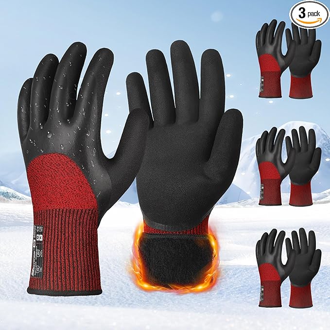 Schwer 3 Pairs Winter Work Gloves with 3/4 Double-Dipped Coating, Thermal Insulated Gloves with Grip & Abrasion Resistance, ANSI A2 Cut Resistant Warm Glove for Cold Weather, 2XL, CR3313