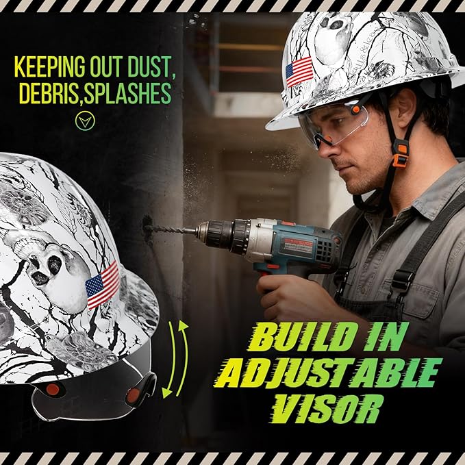 Carbon Fiber Pattern Full Brim Hard Hat with Visor-OSHA Approved Construction Safety Helmet for Men Women,ANSI Z89.1 Vented Reflective Hardhat with Hard Hat Chin Strap,6-Point Suspension
