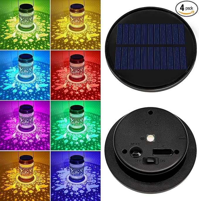 4 Pack Solar Lights Replacement Top Parts, 8 Colors Lantern Lid (Top 3.74 inch, Bottom 2.83 inch) 10 Lumens Lantern Lids Replacement Light for Hanging Solar Lanterns Outdoor Decorations Garden Patio