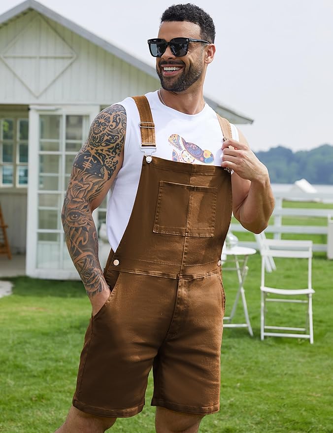 Bindefon Denim Overalls for Men Jean Shorts Jumpsuit Work Bibs Coveralls with Zipper