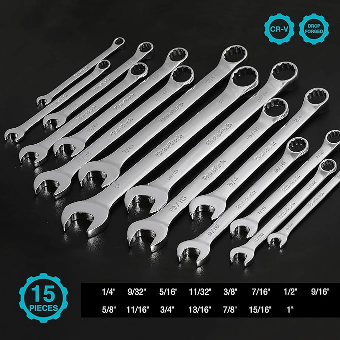 DURATECH Combination Wrench Set, SAE, 15-Piece, 1/4" to 1", 12-Point, CR-V Steel, with Rolling Pouch