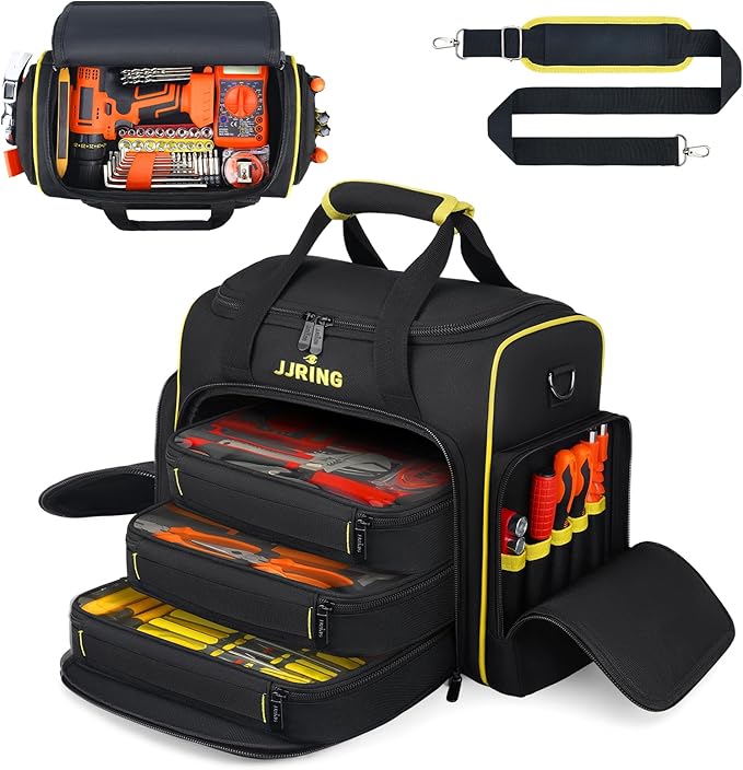 JJRING 2.0 Gen Tool Bag With 3 Removable Cases, Double Layers&Large Capacity Tool Tote, Multi-Pocket Organizer For Tools and Crafts, Durable And Water-Resistant(Yellow)
