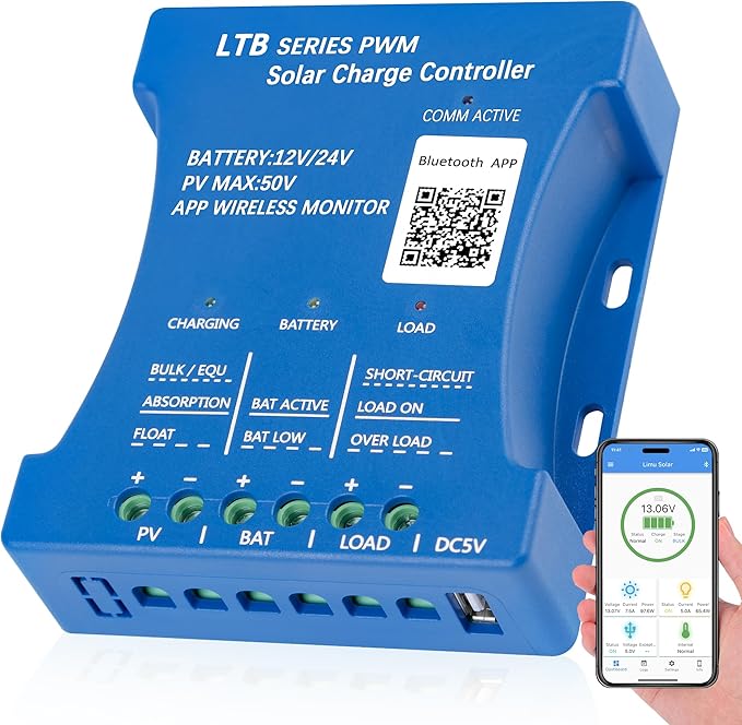 30A PWM Solar Charge Controller for Sealed/Gel/Flooded/LiFePO4/Lithium Batteries 12V 24V Auto Matching Intelligent Regulator with Bluetooth APP Remote Monitor, 5V USB Port, 7 Load Modes, Blue