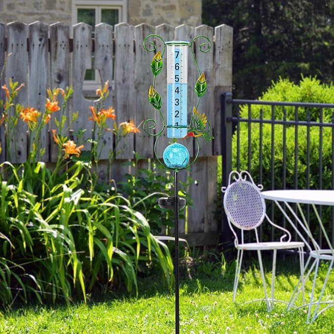 MUMTOP Rain Gauge Outdoor Freeze Proof, 36 Inch Large Number Solar Lights Hummingbird Water Gauge for Lawn, Yard and Garden