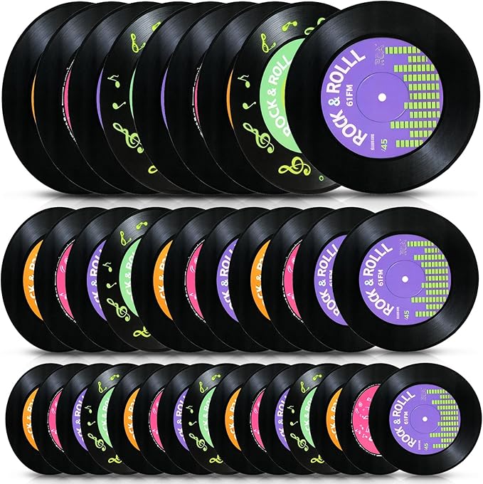 48 Pcs Vinyl Records for Stickers 3 Sizes Records wall Decor 50's Party Decorations Set Cutouts Retro Decals for Music Birthday 70/80/90s Party Artist Vintage Supplies with Adhesive Dots