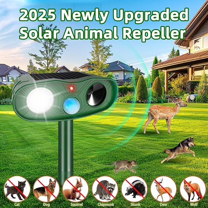 2 Pack Ultrasonic Animal Repellent Outdoor, Solar Deer Repellent Motion Sensor Cat Squirrel Rabbit Repeller, Waterproof Goose Dog Raccoon Deterrent with LED Strobe Flash Lights