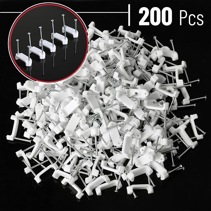 Bates- Cable Clips with Steel Nails, 200 pcs, White, Large, 2-Nail Cord Clips for Wires on Wall, Cable Wall Clip, Wire Wall Clips, Cable Wire Clips, Coaxial Cable Clips, Cord Wall Clip