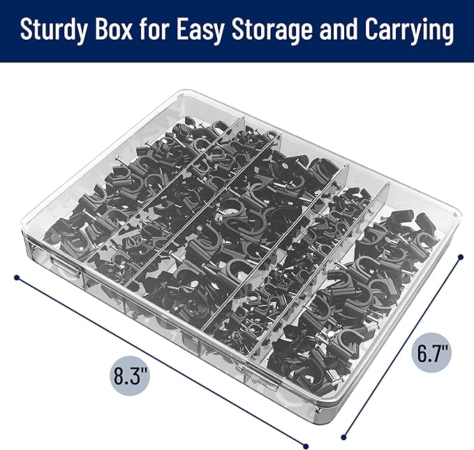 Bates- Cable Clips with Steel Nails, 360 pcs, Black, 4mm 5mm 6mm 8mm 10mm, Cord Clips for Wires on Wall, Cable Wall Clip, Wire Wall Clips, Cable Wire Clips, Coaxial Cable Clips, Cord Wall Clip