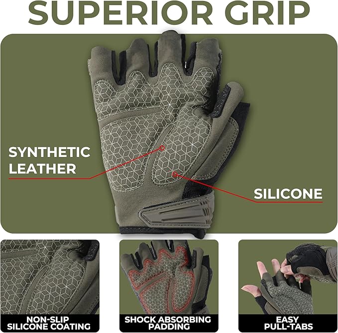 HANDLANDY Fingerless Work Gloves for Mens & Women, Uwrist Half Finger Shock-Absorbing Breathable Glove