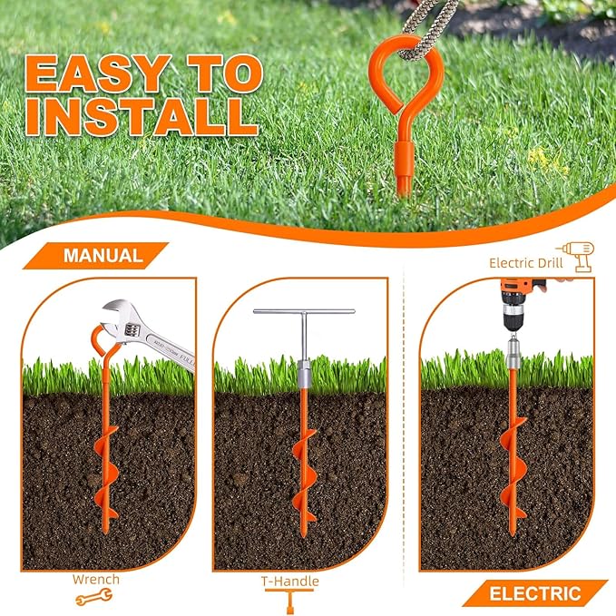 Ground Anchors Heavy Duty, 8 Pack Swing Set Anchor Kit Screw in Earth Anchors Trampoline Spiral Stakes for Camping Tent, Canopies, Car Ports, Securing Animals, Trap Anchors Hurricane Tie Down(Orange)