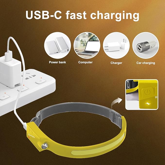 Headlamp Rechargeable LED (2-Pack, Yellow) 230° Wide Beam, USB-C Lightweight Head Lamp, Long Runtime, Water-Resistant for Camping, Hiking, Running, Fishing, Repair Work