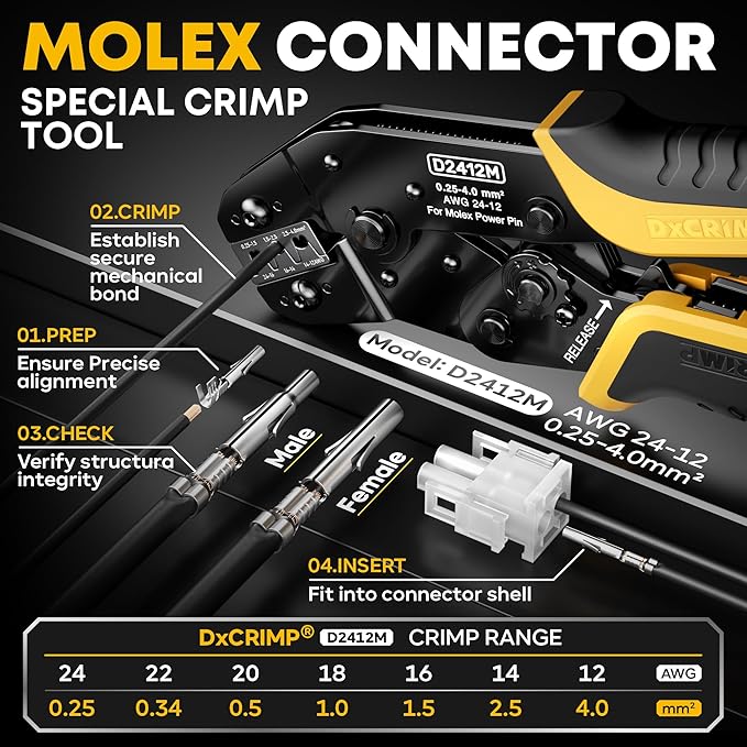 MLX .084" (6.35mm) Connector Crimping Tool Kit with Pin Extractor, 2/3/4/6/9/12 Pin Plug & Receptacle, 14-22 AWG Power Wire Connectors for Arcade/Auto, Compatible with Molex MLX