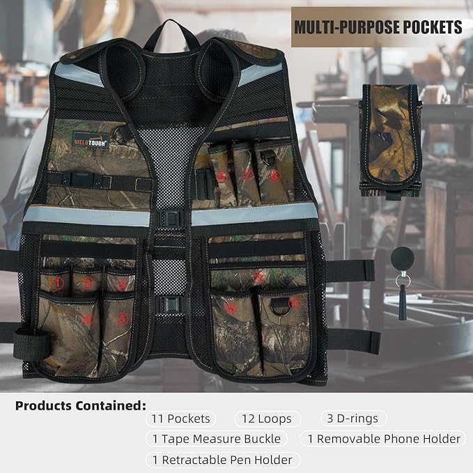 MELOTOUGH Tool Vest for Men Reflective Safety Tool Vest with Adjustable Straps,Removable Phone Holder for Electrical,Carpenters,Construction(Camo)