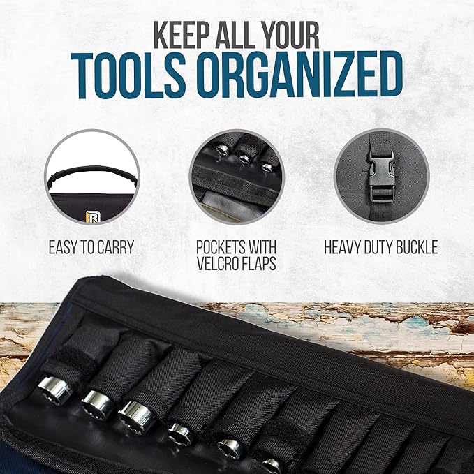 32 Pocket Tool Roll Organizer - Wrench Organizer & Tool Pouch - Wrench Roll Includes Pouches for 10 Sockets - Roll Up Tool Bag for Electrician, HVAC, Plumber, Carpenter or Mechanic - From Rugged Tool