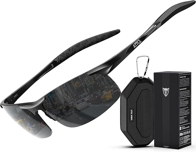 ATTCL Polarized Sunglasses Men Sports: UV Protection Anti Glare Wrap Around Lightweight Metal Driving Fishing Golf Running