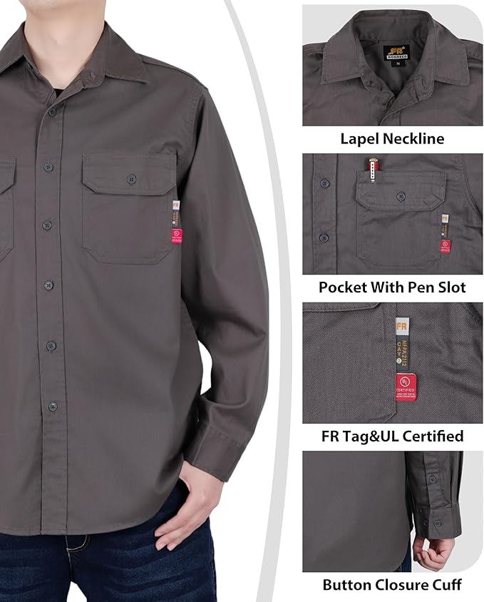 KONRECO FR Shirts for Men Fire Resistant Button Down Work Shirt 100% Cotton 6.5oz Lightweight Welding Shirts