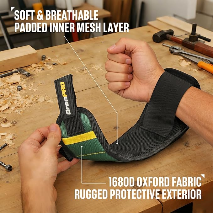 Magnetic Tool Wristband with 3 LED Flashlights Heavy Duty Oxford Belt for Holding Screws Nails Bits Cool Gifts for Men Dad Husband Him