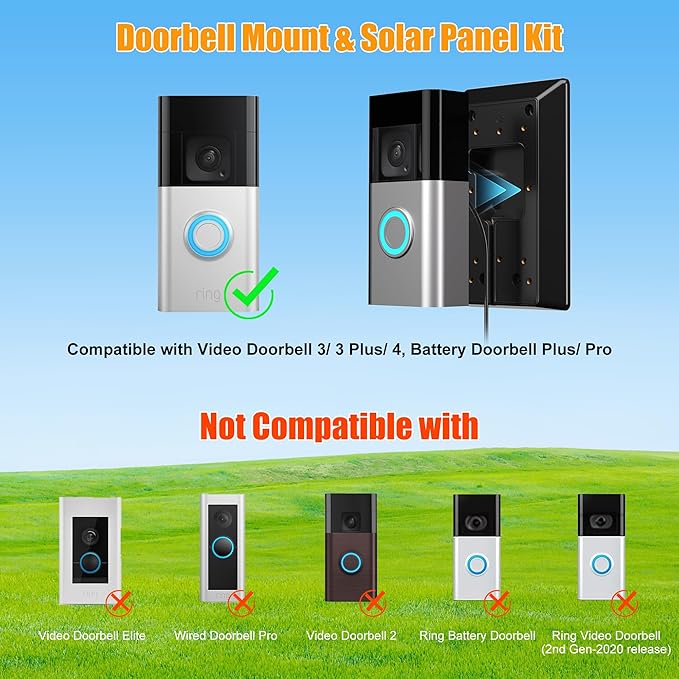 Solar Panel Charger for Ring Video Doorbell 3/3+/4, Battery Doorbell Plus/Pro with Mount Stand, 2-Prong Port, Solar Charger 10ft Charging Cable, 6W Waterproof Solar Panel, 5.9-8.7in Adjustable Mount