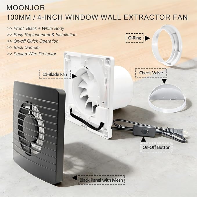 4inch Exhaust Fan, Black Window Wall Mount Vent Extractor Fan w/Button Switch, Cord for Kitchen Bathroom Workshop Garage