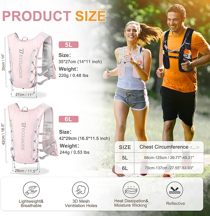 Running Vest Hydration Backpack for Men Women, 5L Lightweight Running Backpack Hydration Pack for Marathon, Trail, Cycling, Hiking, Jogging