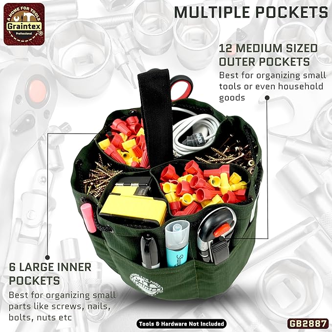 Graintex 18 Pockets Grab Bag Rip-stop Canvas Drawstring Closure, Small Part Organizer Pouch, Small Tools, Screws, Parts, Parachute Tool Bag for Efficient Storage - Hunter Green